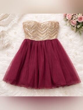 Deb Burgundy Tulle Dress with Gold Sequin Bodice